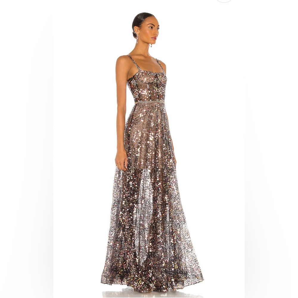 Size Small Bronx and Banco Midnight Noir Gown in gold and black sequins.